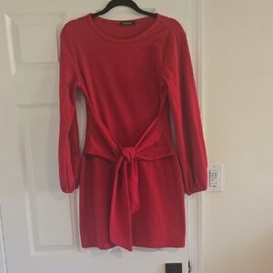 Red Long Sleeve Dress with Tie Waist